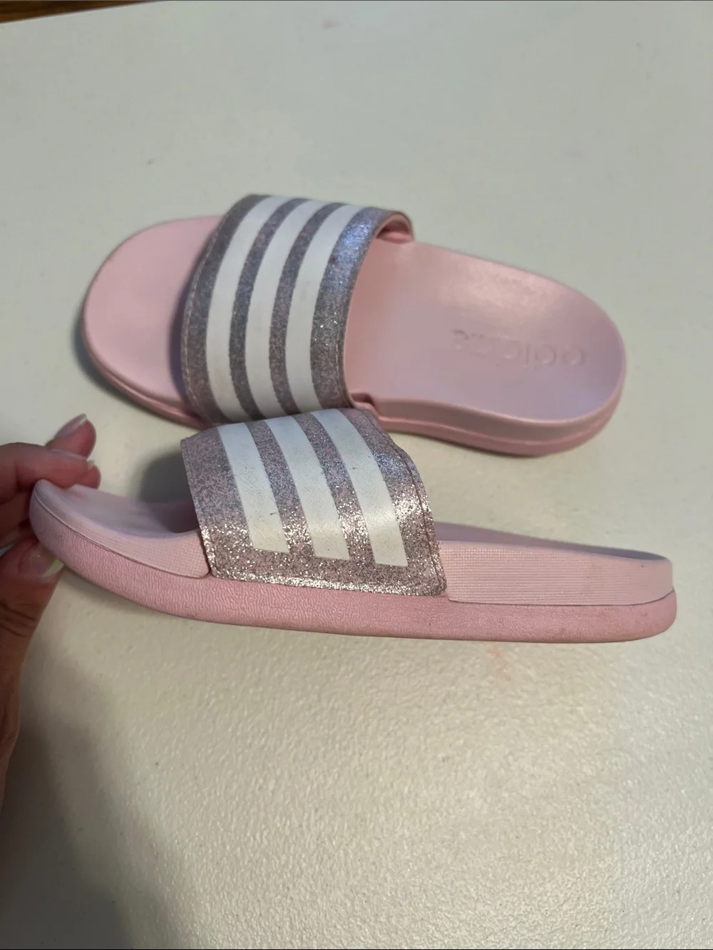 adidas Kids Light Pink Slides with Glitter Rose Straps